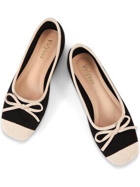 Women's Ballet Flats Cap Toe Bow Flats Black Two Tone Slip On Flats Square Toe